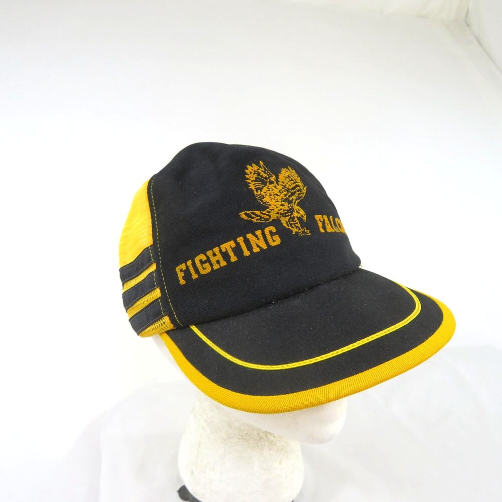 Fighting Falcons Three Stripe Trucker Black Gold Hat Snapback 1980s